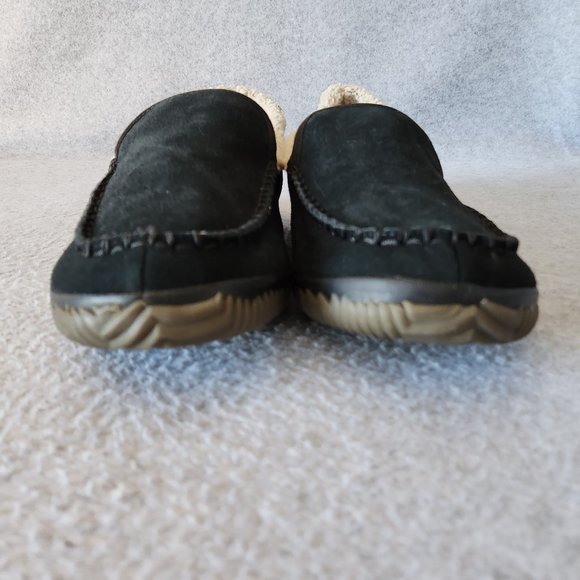 EUC Sorel Dude Moccasin Slipper Slip-On Black Suede Leather Wool Fleece Lining